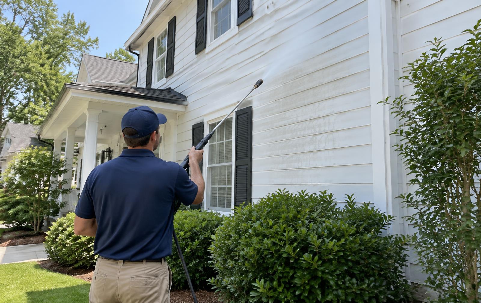 A technician soft washing the siding of a Southeastern home; atmospheric stock photography